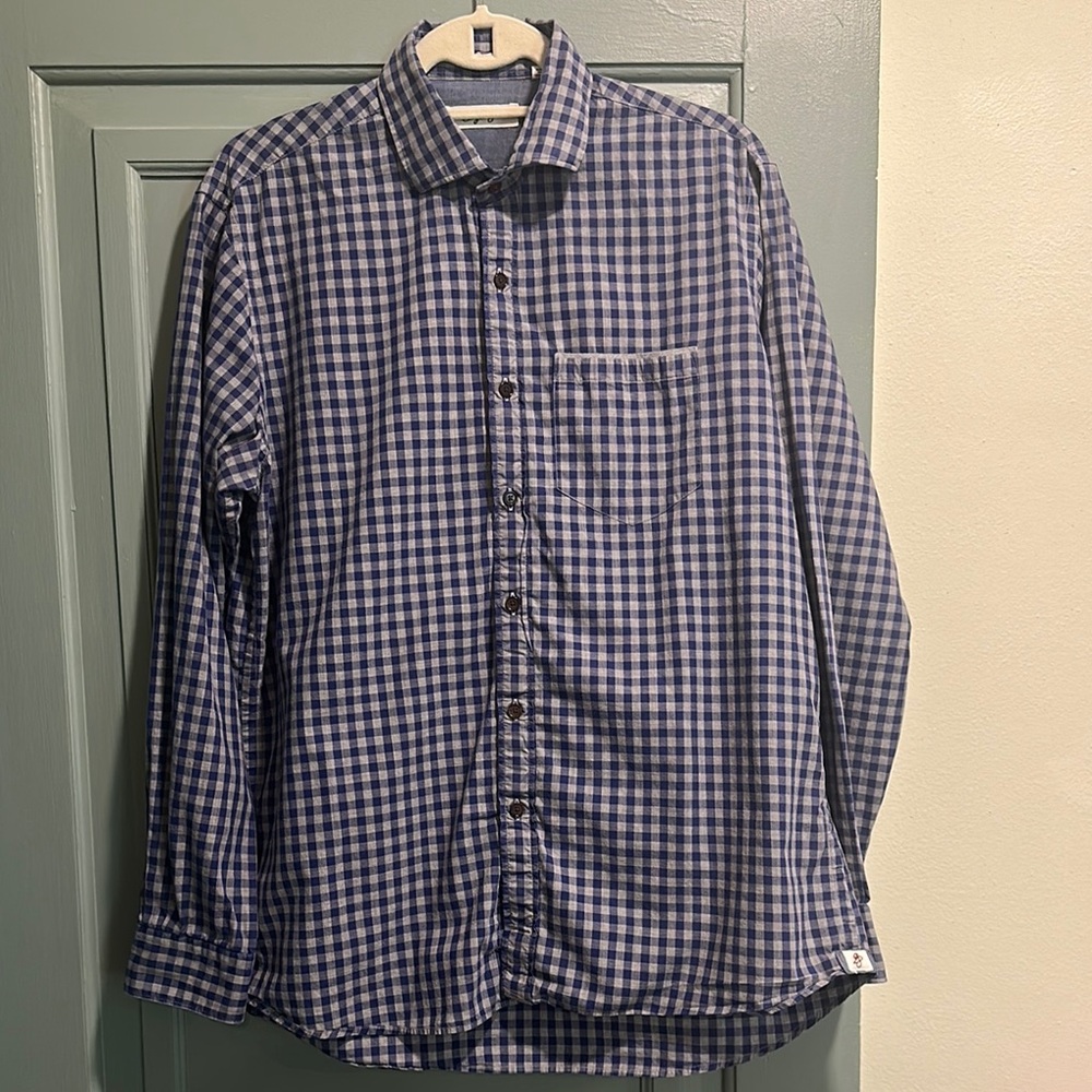 Men’s Borgo28 Indigo Blue Casual Plaid Button Down Shirt Size M